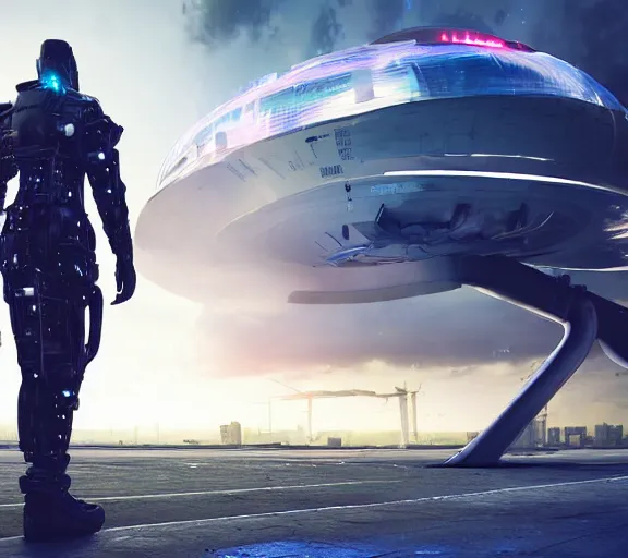 Image similar to man stands beside futuristic sci fi jet landed at runway of cyberpunk city, night photo ,dark cinematic lighting , digital concept art