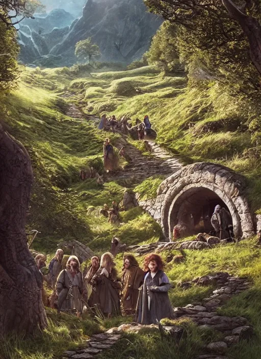 Image similar to hobbits in the shire scenery landscape, lord of the rings, highly detailed, perfect lighting, perfect composition, 4 k, artgerm, derek zabrocki, greg rutkowski