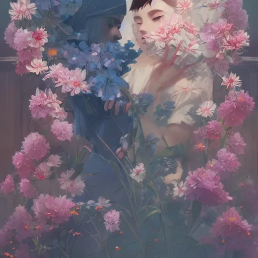 Image similar to kittens in flowers, intricate complexity, by greg rutkowski, artgerm, ross tran, conrad roset, takato yomamoto, ilya kuvshinov. 4 k, beautiful, cinematic dramatic atmosphere