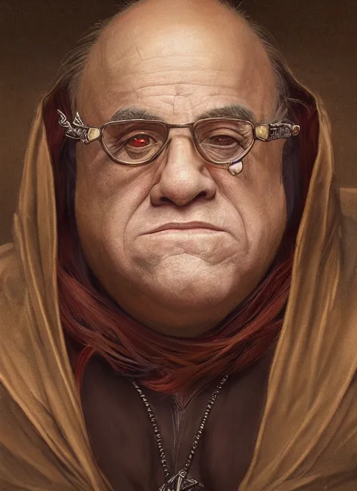 Image similar to Portrait of Danny DeVito, cloak, male, fantasy, extremely detailed, digital painting, artstation, concept art, smooth, sharp focus, illustration, stunning lighting, art by artgerm and greg rutkowski and alphonse mucha and simon stalenhag, realistic character concept, high fantasy, dark atmosphere, golden ratio, cinematic lighting, hyperdetailed, high resolution, insanely detailed and intricate, artstation, Marc Simonetti, Greg Rutkowski, 8k