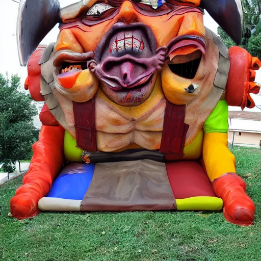 Image similar to parade float for leatherface, bright colors, realistic photography, high detailed