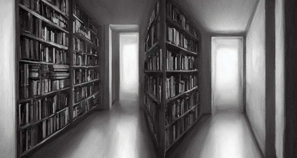 Image similar to Very dark scary creepy corridor with bookshelves everywhere , by Stefan Koidl. artstation, blue lighting.