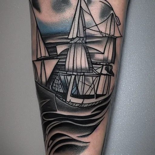 Image similar to a pirate ship sailing in the sea, realism tattoo design with amazing shades by david vega, clean white paper background