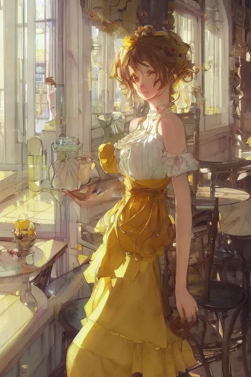 Image similar to A girl in a maid's outfit in a cafe a afternoon, wavy hair yellow theme,S line,45 angel by krenz cushart and mucha and yoneyama mai and greg rutkowski