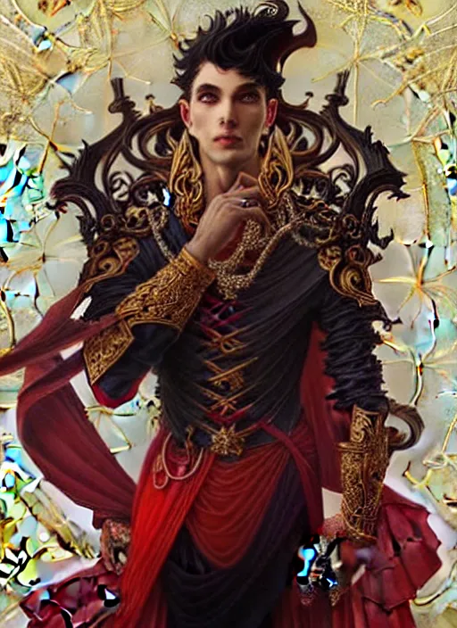 Prompt: beautiful prince, male, black and red clothes, gold details, high fantasy, highly detailed, intricate, smooth, art by anato finnstark, joseph leyendecker, peter mohrbacher, ruan jia, marc simonetti, ayami kojima, cedric peyravernay, finnian macmanus, alphonse mucha, victo ngai