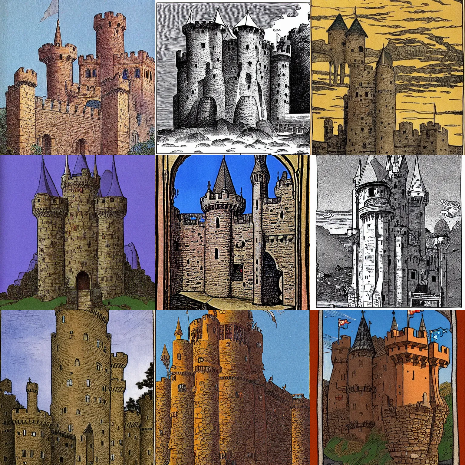 Prompt: medieval castle, by moebius