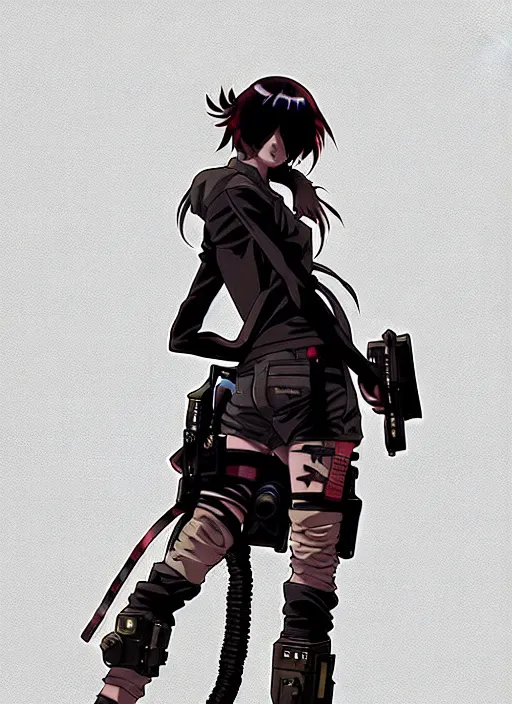 Image similar to hyper - realistic cyberpunk anime girl standing on tokyo street, extreme detail, alluring, in style of yoji shinkawa, pan ren wei, col price, atey ghailan, by greg rutkowski, by greg tocchini, by james gilleard, by joe fenton, by kaethe butcher, grunge aesthetic