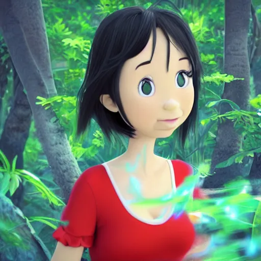 Image similar to 8k render, cinematic, semi-realistic, Instagram art, Pixar style Latina anime girl 3d, cute face black hair, curtain bangs, Latina, brunette, white t-shirt with red sleeves, wearing jeans, has fire powers, her hair is on fire, her hands are on fire powerful, she is in a forest, tropical forest, lots of foliage, character, trending on Deviantart