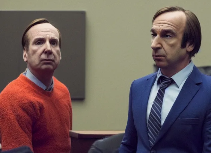 Prompt: saul goodman defending elmo in court, still from better call saul, shot by wes anderson, symmetrical shot, beautiful shot