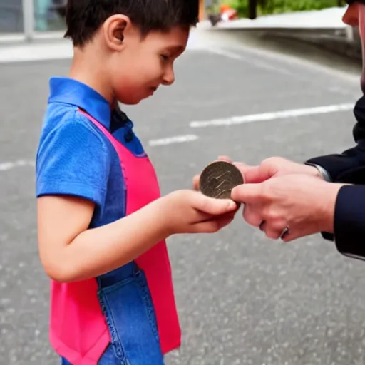 Image similar to a child exchanging a ticket for a coin from an adult, photorealistic