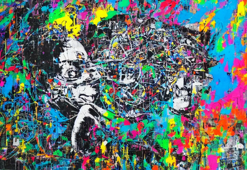 Image similar to full color banksy graffiti with statement of ai art is not art, detailed, realistic, glitch art effect