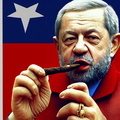 Prompt: lula da silva smoking a cigar with putin, soviet paraphernalia, 4k