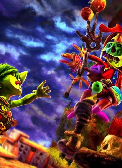 Image similar to skull kid from majoras mask floating in the air while looking at the viewer maniacally, legend of zelda fairy in the background, dramatic lighting, cinematic, film, dynamic pose, movie scene