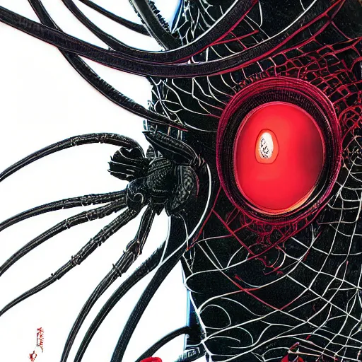 Image similar to portrait closeup of black widow spider, symmetrical, cinematic colors, by yoichi hatakenaka, masamune shirow, josan gonzales and dan mumford, ayami kojima, takato yamamoto, barclay shaw, karol bak, yukito kishiro