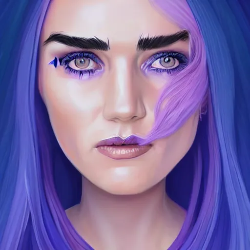 Prompt: beautiful witch female, Jennifer Connelly, blue and purple glowing hair, smiling, clear clean face, two perfect eyes, perfect eyes perfect symmetrical eyes, symmetrical face, blurry background, pose, Alexandra Fomina artstation, face by Ilya Kushinov style, style by Loish, painterly style, flat illustration, high contrast