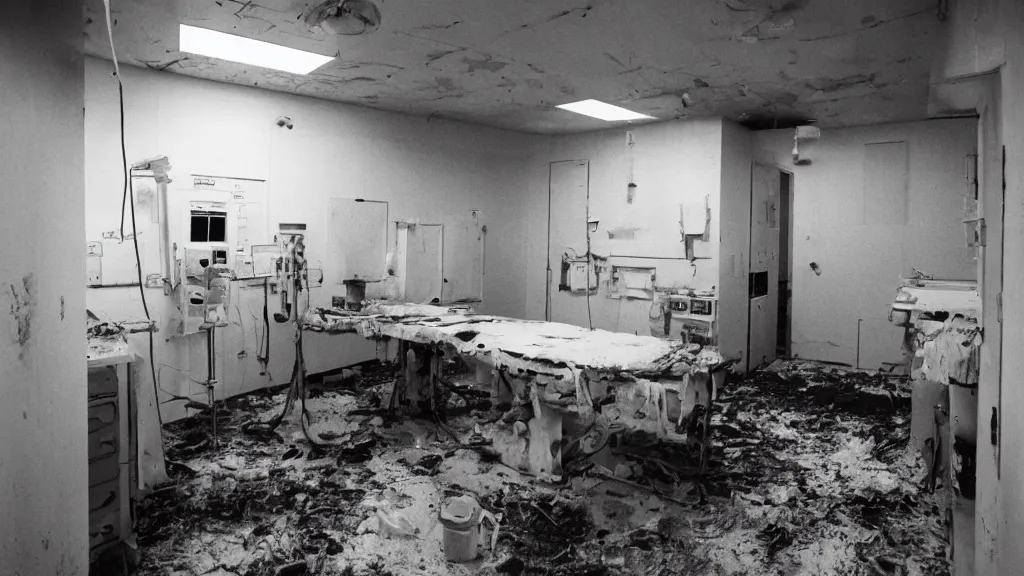 Prompt: photograph of interior view of a filthy, disused surgical room in a cursed hospital, unsanitary, dirty, contaminated, liminal, 35mm photo. Highly detailed, photographic, realistic, dramatic, cinematic