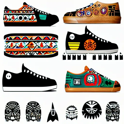 Image similar to sneaker design designed by studio ghibli, aztec mayan street fashion native punk sneaker design, majora's mask, wearing wooden mask, hip hop sneaker design with subtle mayan patterns, gapmoe yandere grimdark, trending on pixiv fanbox, painted by greg rutkowski makoto shinkai takashi takeuchi studio ghibli, akihiko yoshida