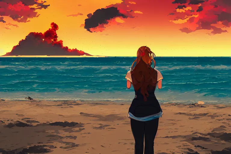 Image similar to woman laura stein at a beach watching a nuclear bomb test, digital art, by dan mumford, by makoto shinkai, anime style, half body shot, ponytail, vector art, huge nuclear explosion, apocalyptic