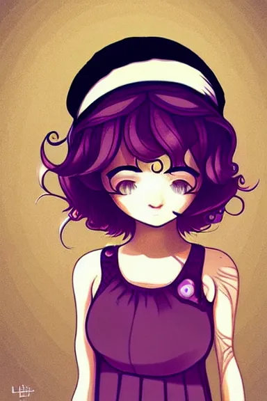 Image similar to a little girl wearing a mushroom hat in dress sitting | | purple curvy hair, pretty face, fine details, digial art by lois van baarle, anatomically correct, perfect composition, symmetrical, fantastic, clean details, anime character, extremely detailed