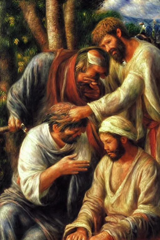 Image similar to christ healing a leper, painting by renoir and young sung kim, masterpiece