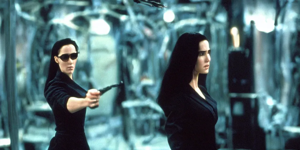 Image similar to jennifer connelly in matrix, cinema, still from movie, action, blu ray, 4 k, strong acting