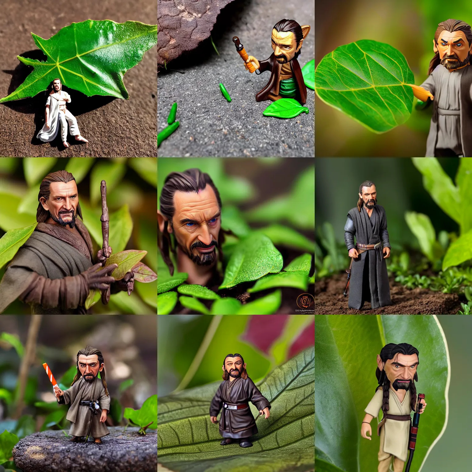 Prompt: Realistic painted 10mm resin figure of Jedi Qui-Gon Jinn, standing under a leaf in the garden, macro photography