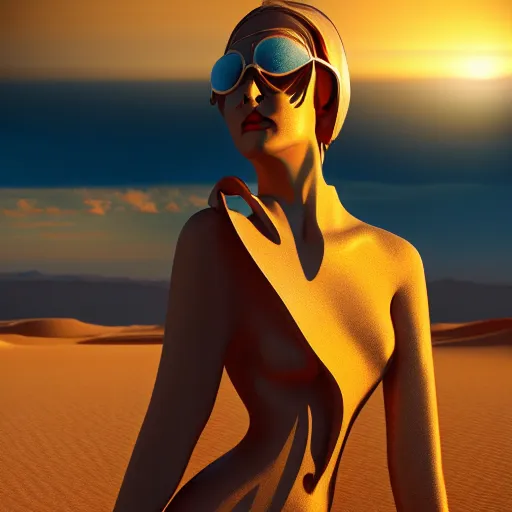 Image similar to innovative colorful avant-garde art, deco fashion, highly detailed, photorealistic portrait, serene desert setting, golden hour, crisp quality and light reflections, unreal engine 5 quality render