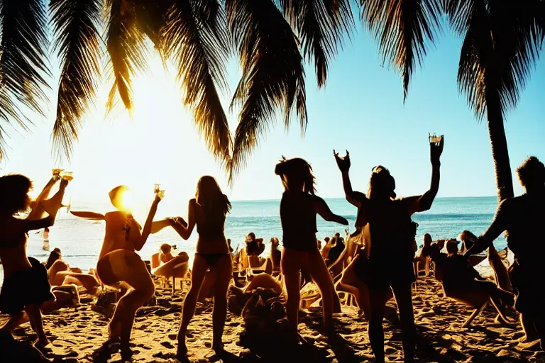 Prompt: an amazing award winning analog photo of animals dancing at a party at the beach, drinking, food, bar, music, resort, praising the sun, golden hour, cinematic, atmospheric, 8k resolution, Hyperrealistic