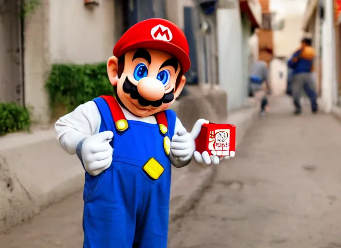 Prompt: super mario as a drug dealer selling a bag of magic mushrooms in the alleys of los angeles, super mario in real life, red hat, blue overalls, bag of spotted mushrooms, canon eos r 3, f / 1. 4, iso 2 0 0, 1 / 1 6 0 s, 8 k, raw, unedited, symmetrical balance, wide angle