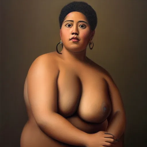 Image similar to A portrait of a powerful and thick beautiful non-binary person, medium tone skin, oil painting, majestic, detailed, high resolution