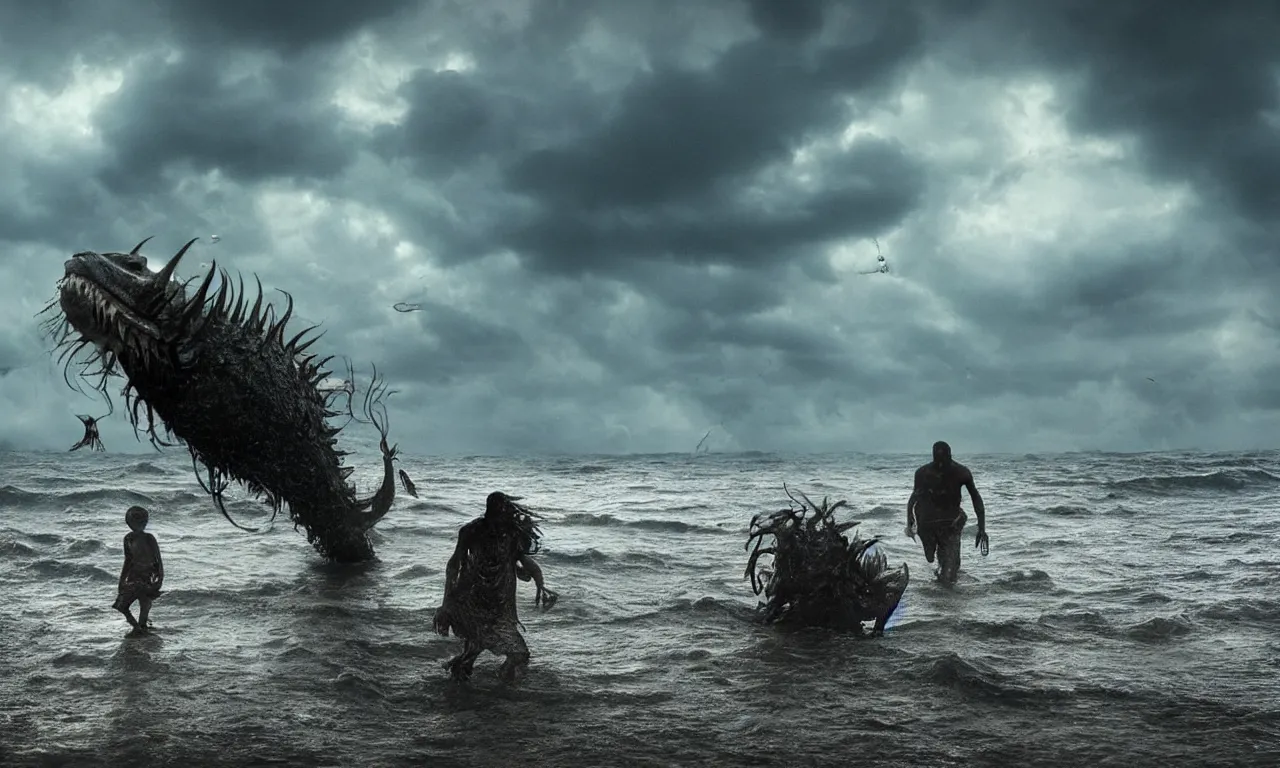 Prompt: a gigantic monster that looks like an angler-fish with wet and slimy legs with a very large mouth, has many children like him attached to his body, is coming out of the sea on a beach, there are people fleeing in terror, photo-realistic, stormy sky, photo by national geographic