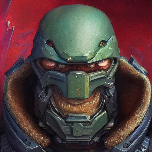 Prompt: the doomguy as a realistic fantasy d & d character, closeup portrait art by donato giancola and greg rutkowski, realistic face, digital art, trending on artstation