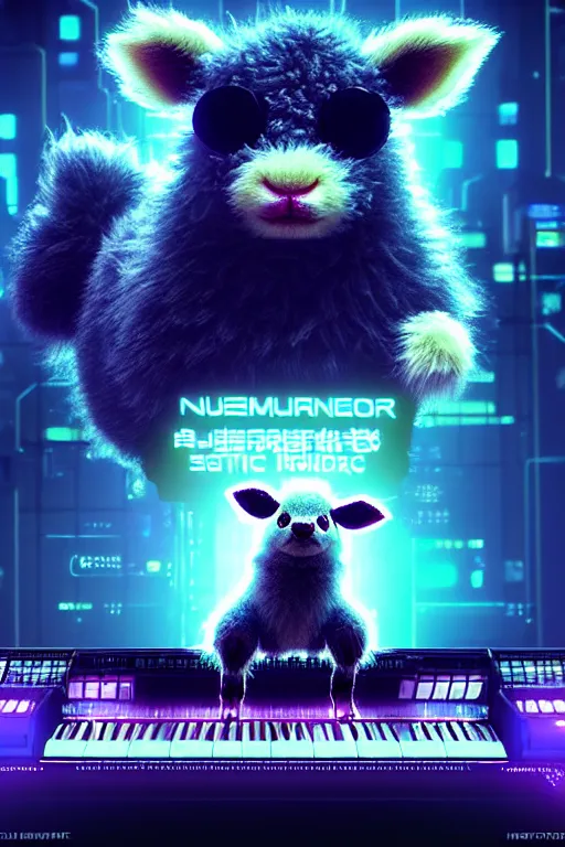 Image similar to high quality 3 d render sci - fi very cute neuromancer fluffy! mutant cow hybrid! playing keyboard, highly detailed, unreal engine cinematic smooth, in the style of blade runner & detective pikachu, hannah yata charlie immer, blue light, low angle, uhd 8 k, sharp focus