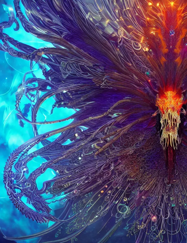 Image similar to witch phoenix macro close - up portrait with crown made of ram skull. phoenix, betta fish, jellyfish, bioluminiscent, plasma, ice, water, wind, creature, super intricate ornaments artwork by tooth wu and wlop and beeple and greg rutkowski