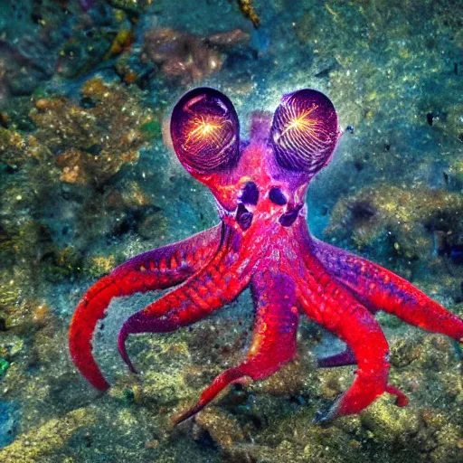 Image similar to fiery whimsical emotional eyes cephalopod, in a photorealistic macro photograph with shallow dof, in the deepest seas of the unconscious psyche