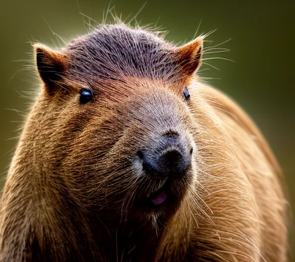 Image similar to a portrait of capybara with a mushroom cap growing on its head by luis royo. intricate. lifelike. soft light. sony a 7 r iv 5 5 mm. cinematic post - processing