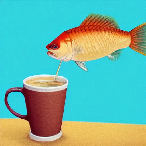 Prompt: a digital painting of a real fish drinking coffee by a straw, hyperrealism