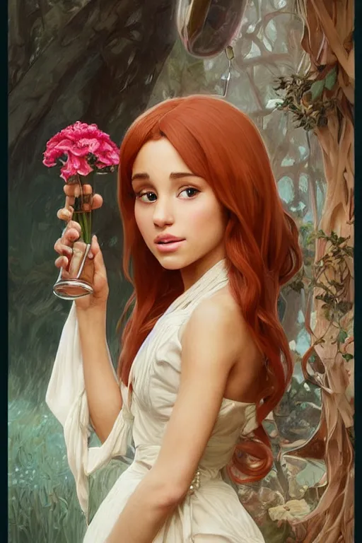 Image similar to beautiful cottagecore Ariana Grande holding a salmon colored vase. intricate, elegant. highly detailed, digital painting, artstation, concept art, smooth, sharp, focus, illustration. . art by artgerm and greg rutkowski and alphonse mucha