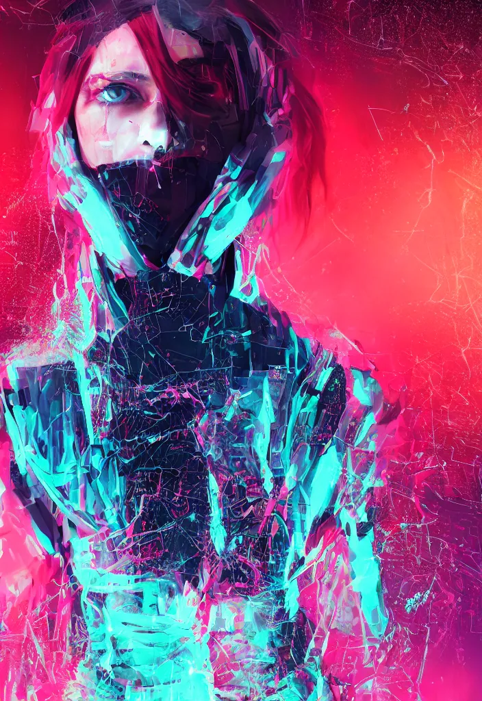 Prompt: hacker wearing glitched techwear, akimbo, photography, specular, luminous, full body portrait in landscape, long hair, pastel red blue pallette, detailed eyes, exaggerated facial expressions
