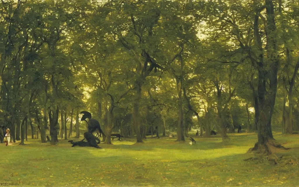 Image similar to a painting of a dinosaur in a park, oil on canvas, by peder kroyer