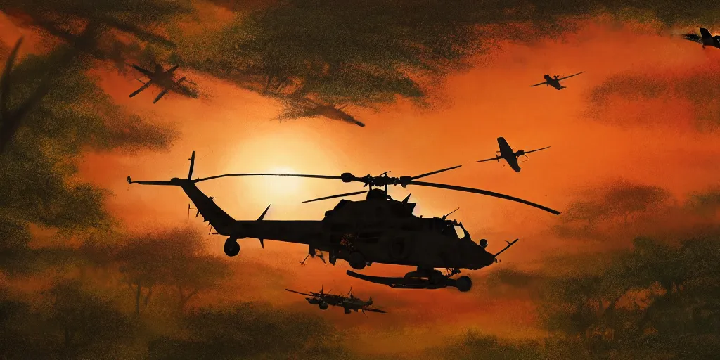 Image similar to Painting of vietnam Huey Helicopters, above a forest, orange sun set, abstract, realism, 8k, detailed, octane render, glow