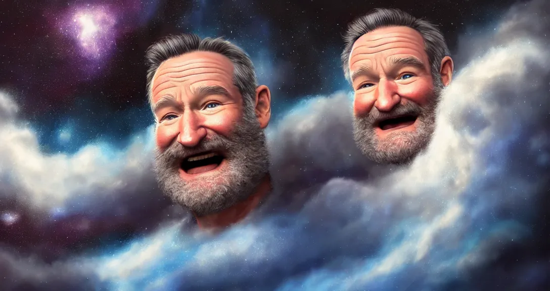 Image similar to robin williams, white beard, space clouds, milkyway, blue eyes, smiling, single subject, intricate, detailed, volumetric lighting, scenery, digital painting, highly detailed, artstation, sharp focus