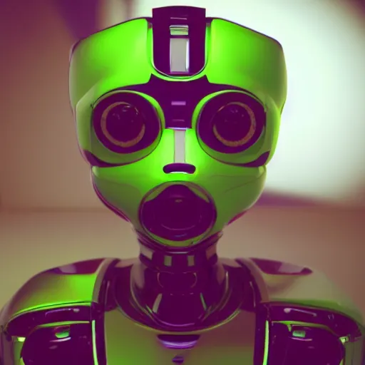 Image similar to adorable green robot, glossy render, symmetrical face, symmetrical eyes, rendered with octane, unity 5, 3 0 9 0 ti, portrait, great lighting, close up