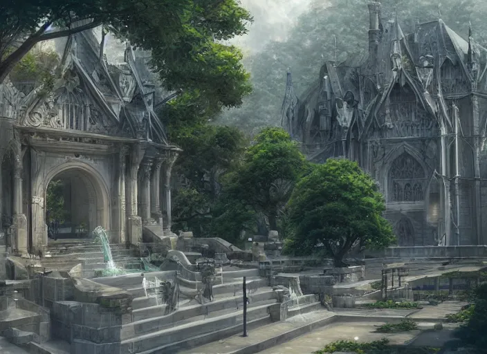 Image similar to A college in a beautiful elven city made of white marble, anime, lush trees, fountain, a fantasy digital painting by Greg Rutkowski and James Gurney, trending on Artstation, highly detailed