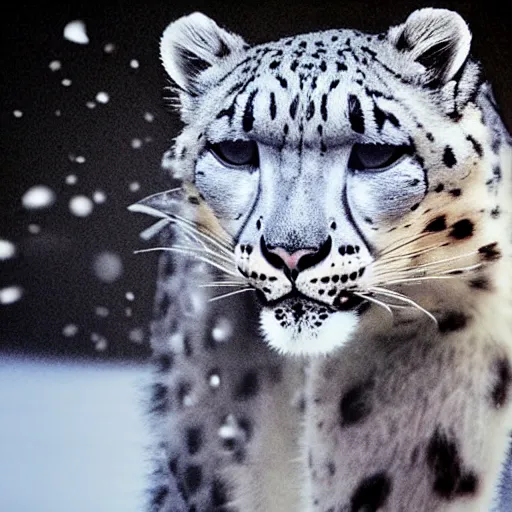 Prompt: snow leopard doing tricks with vape clouds, iPhone photo