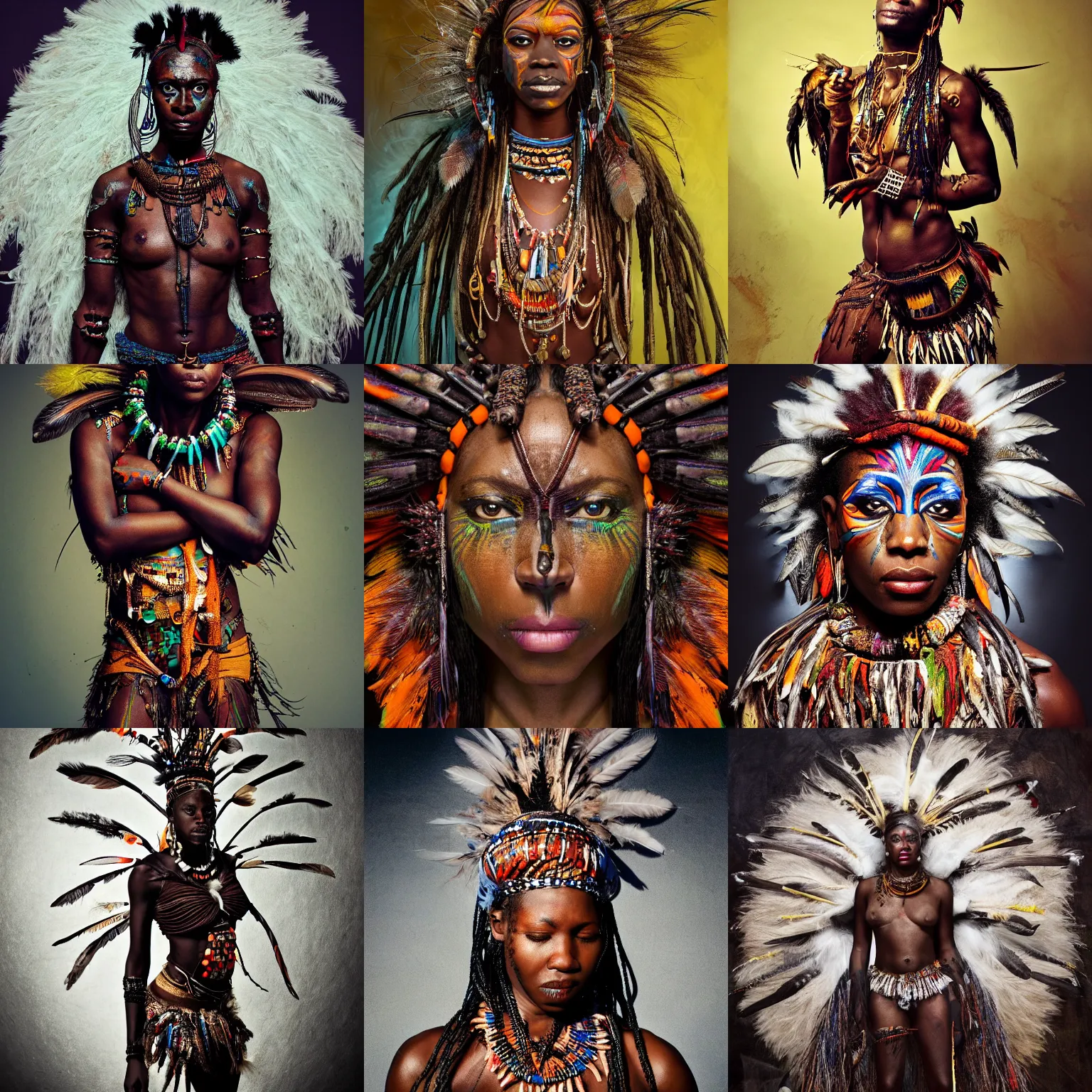 Image similar to editorial full body photo portrait of beautiful and strong African shaman princess at night, souronded with ghosts of animals, shaman body, feathers and paint, photo by mario testino, cinematic, hyper detailed, micro details, insanely detailed, trending on artstation,dark background, dramatic lighting, cinematic angle, concept art, insanely detailed and intricate