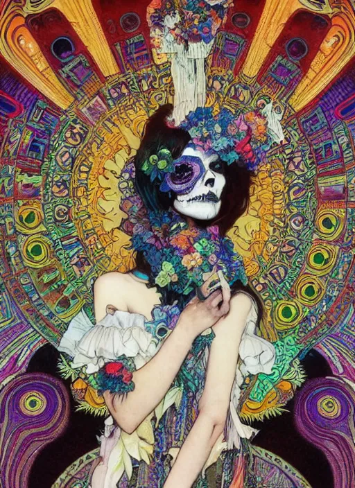 Image similar to realistic detailed psychedelic poster art of a cute punk goth fractal Día de los Muertos girl posing by Victor Moscoso Rick Griffin Alphonse Mucha Ayami Kojima Amano Charlie Bowater, masterpiece