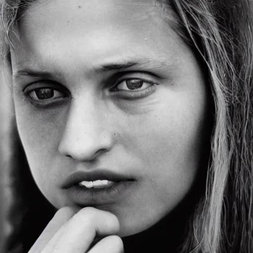 Image similar to a candid extreme closeup portrait of an expressive face of a young woman in love by annie leibovitz