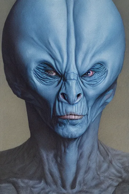 Image similar to fuzzy blue alien, portrait by wayne barlowe