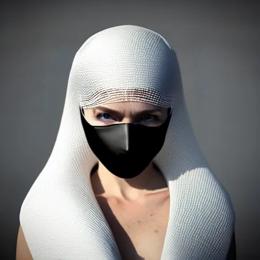 Image similar to ultra detailed woman wearing a white mask with black wires on her head, featured on pinterest, net art, made of wire, 1 0 mm lens, elegant, ultra detailed, hyper realistic vfx simulation, unreal engine, volumetric lighting, 8 k post - production